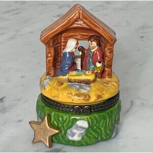 Christmas NATIVITY TRINKET BOX w Star of Bethlehem Mary Joseph Jesus Hinged EUC